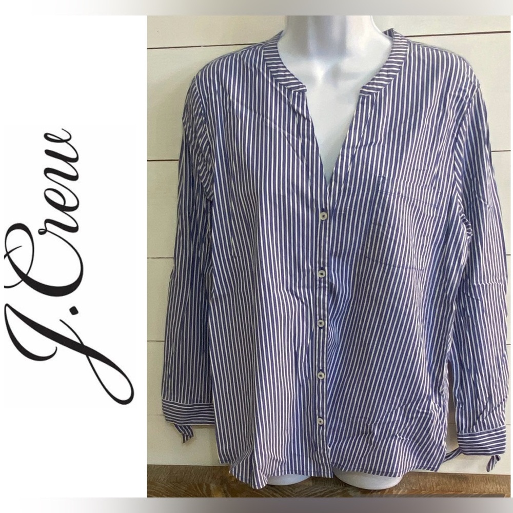 J Crew Women’s Large Navy/White Stripe Button Front Tie Cuff Cotton Blend Blouse